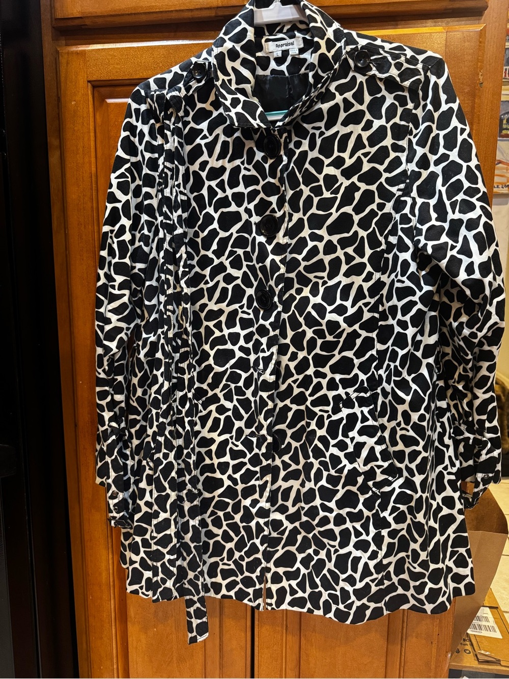 Appraisal Leopard Print Belted Button Black White,  Lined Trench Coast